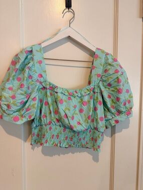 NWT Blu Pepper Crop Puff-Sleeve Top in Aqua with Pink Floral Print